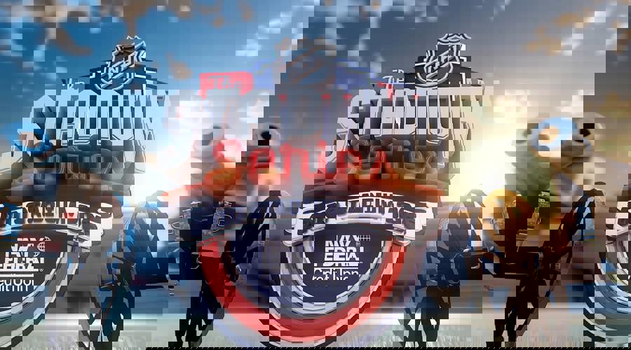 Large 3D logo that says NHL The Stadium Series Ohio Stadium 2025 with two 3D cannons on either side, blue sky and blurred stadium seating in the background Page Picker